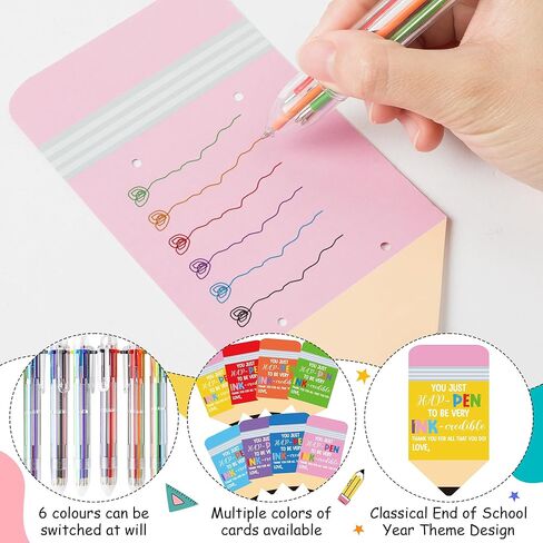 32 Set End of Year Student Gift, Retractable Ballpoint Pen and Pencil Shaped Card Set, 0.5mm 6-in-1 Multi color Ballpoint Pen Classroom Prizes School Supplies Children Gift Kids Party Favor in Kuwait