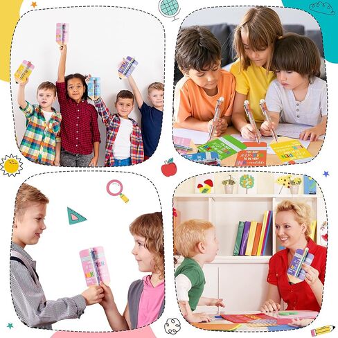 32 Set End of Year Student Gift, Retractable Ballpoint Pen and Pencil Shaped Card Set, 0.5mm 6-in-1 Multi color Ballpoint Pen Classroom Prizes School Supplies Children Gift Kids Party Favor in Kuwait