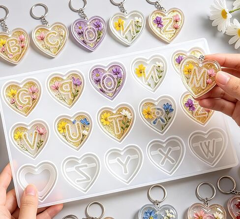 قوالب راتنج سلسلة المفاتيح GEOCCI، مجموعة قوالب راتنج الأبجدية على شكل قلب مكونة من 27 تجاويف لسلسلة المفاتيح وعلامة الحيوانات الأليفة وصناعة الحرف اليدوية (منتجات السيليكون ذات الثقوب) in Kuwait