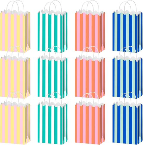 Colarr 16 Pcs Pastel Goodie Bags Colorful Striped Gift Bags 8.7'' x 6.3'' x 3.1'' Small Paper Gift Bag with Handles Summer Scalloped Goodie Candy Bag for Summer Pool Party Favors decor in Kuwait