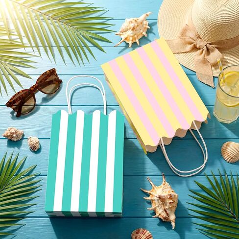 Colarr 16 Pcs Pastel Goodie Bags Colorful Striped Gift Bags 8.7'' x 6.3'' x 3.1'' Small Paper Gift Bag with Handles Summer Scalloped Goodie Candy Bag for Summer Pool Party Favors decor in Kuwait
