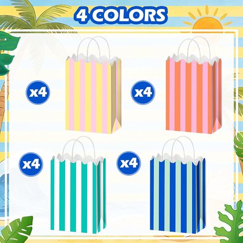 Colarr 16 Pcs Pastel Goodie Bags Colorful Striped Gift Bags 8.7'' x 6.3'' x 3.1'' Small Paper Gift Bag with Handles Summer Scalloped Goodie Candy Bag for Summer Pool Party Favors decor in Kuwait