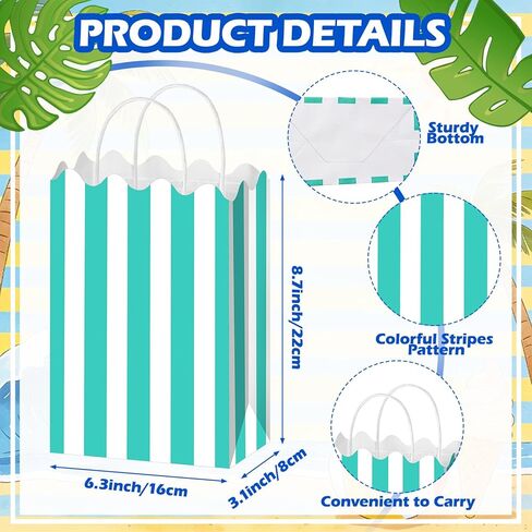 Colarr 16 Pcs Pastel Goodie Bags Colorful Striped Gift Bags 8.7'' x 6.3'' x 3.1'' Small Paper Gift Bag with Handles Summer Scalloped Goodie Candy Bag for Summer Pool Party Favors decor in Kuwait