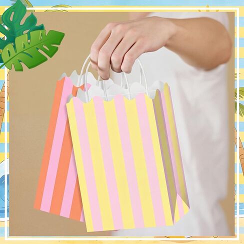 Colarr 16 Pcs Pastel Goodie Bags Colorful Striped Gift Bags 8.7'' x 6.3'' x 3.1'' Small Paper Gift Bag with Handles Summer Scalloped Goodie Candy Bag for Summer Pool Party Favors decor in Kuwait