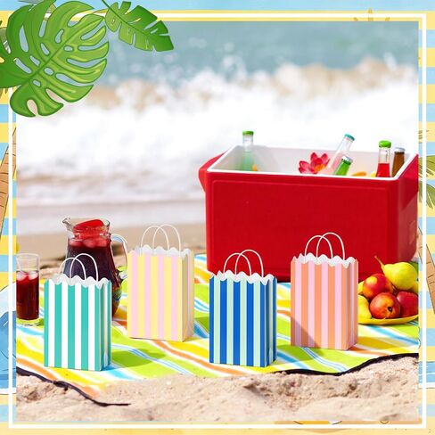 Colarr 16 Pcs Pastel Goodie Bags Colorful Striped Gift Bags 8.7'' x 6.3'' x 3.1'' Small Paper Gift Bag with Handles Summer Scalloped Goodie Candy Bag for Summer Pool Party Favors decor in Kuwait