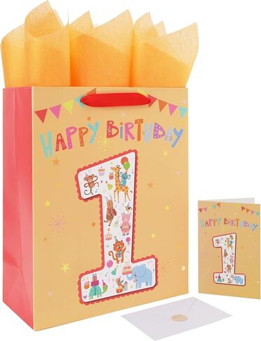 13'' Large Baby Boy Girl kids Gift Bag Set with Handles, 1st Birthday Party, Greeting Card, Tissue Papers and Stickers for Baby, Happy First Birthday, 1 Year Old Birthday, Animals Design, 1 Pcs in Kuwait