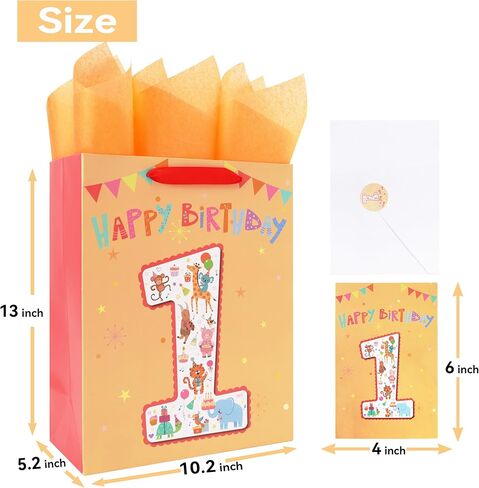 13'' Large Baby Boy Girl kids Gift Bag Set with Handles, 1st Birthday Party, Greeting Card, Tissue Papers and Stickers for Baby, Happy First Birthday, 1 Year Old Birthday, Animals Design, 1 Pcs in Kuwait