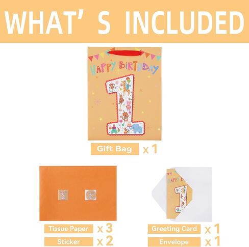 13'' Large Baby Boy Girl kids Gift Bag Set with Handles, 1st Birthday Party, Greeting Card, Tissue Papers and Stickers for Baby, Happy First Birthday, 1 Year Old Birthday, Animals Design, 1 Pcs in Kuwait