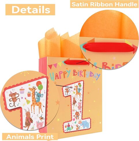 13'' Large Baby Boy Girl kids Gift Bag Set with Handles, 1st Birthday Party, Greeting Card, Tissue Papers and Stickers for Baby, Happy First Birthday, 1 Year Old Birthday, Animals Design, 1 Pcs in Kuwait