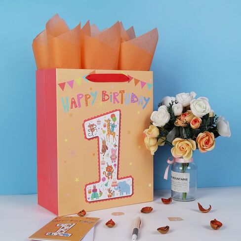 13'' Large Baby Boy Girl kids Gift Bag Set with Handles, 1st Birthday Party, Greeting Card, Tissue Papers and Stickers for Baby, Happy First Birthday, 1 Year Old Birthday, Animals Design, 1 Pcs in Kuwait