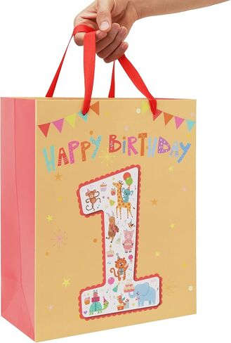 13'' Large Baby Boy Girl kids Gift Bag Set with Handles, 1st Birthday Party, Greeting Card, Tissue Papers and Stickers for Baby, Happy First Birthday, 1 Year Old Birthday, Animals Design, 1 Pcs in Kuwait