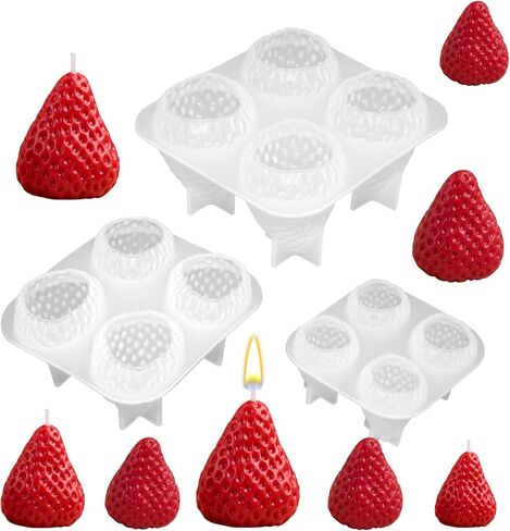 3D Strawberry Silicone Mold, 3 Pcs 4-Cavity Strawberry Scented Candle Soap Fondant Mold Fruit Epoxy Resin Casting Mold for Home Decor(Large, Medium, Small) in Kuwait