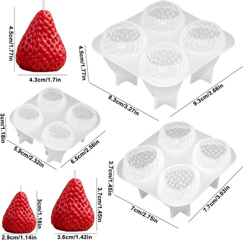 3D Strawberry Silicone Mold, 3 Pcs 4-Cavity Strawberry Scented Candle Soap Fondant Mold Fruit Epoxy Resin Casting Mold for Home Decor(Large, Medium, Small) in Kuwait