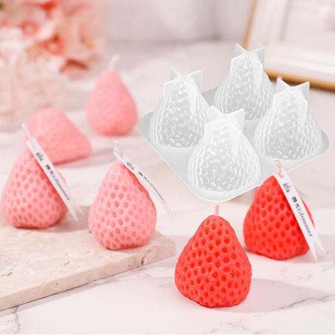 3D Strawberry Silicone Mold, 3 Pcs 4-Cavity Strawberry Scented Candle Soap Fondant Mold Fruit Epoxy Resin Casting Mold for Home Decor(Large, Medium, Small) in Kuwait
