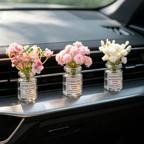 3 PCS Mini Glass Flowers Car Dashboard Decor, Jasmine Cherry Blossom Gypsophila Vase Decorations, Rear View Mirror Dashboard Ornaments, Car Interior Accessories for Women in Saudi Arabia