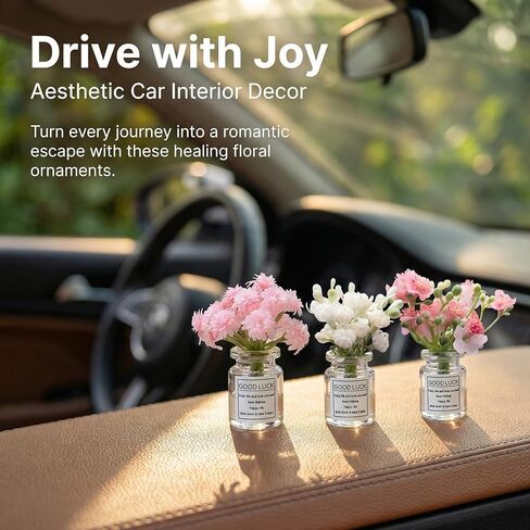 3 PCS Mini Glass Flowers Car Dashboard Decor, Jasmine Cherry Blossom Gypsophila Vase Decorations, Rear View Mirror Dashboard Ornaments, Car Interior Accessories for Women in Saudi Arabia