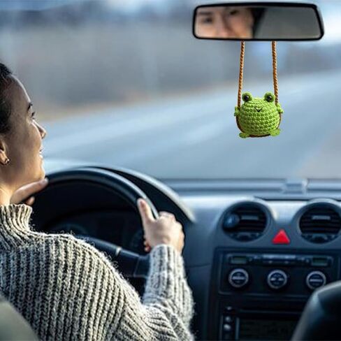 زينة معلقة لمرآة السيارة، ضفدع كروشيه يتأرجح يدويًا، ملحقات قلادة مرآة الرؤية الخلفية للسيارة، ديكور داخلي لطيف للمركبة، عالمي لشاحنة SUV RV in Kuwait