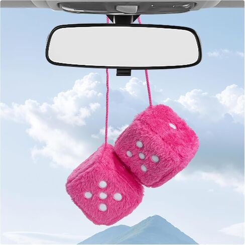Pair Fuzzy Plush Dice for Car, 3 Inch Retro Square Car Mirror Pendant Hanging Decoration with Dots, Adorable Rearview Mirror Plush Dice Interior Decorative Accessories (Rose Red) in Saudi Arabia