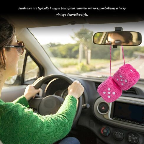 Pair Fuzzy Plush Dice for Car, 3 Inch Retro Square Car Mirror Pendant Hanging Decoration with Dots, Adorable Rearview Mirror Plush Dice Interior Decorative Accessories (Rose Red) in Saudi Arabia