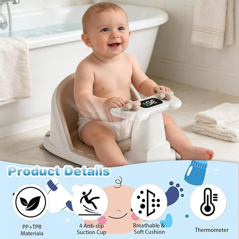Baby Bath Seat for Babies 6 Months & Up - Bathtub Seats for Babies Sitting Up, Non-Slip,Smart Real-Time Temperature& 4 Suction Cups(Grey) in Saudi Arabia