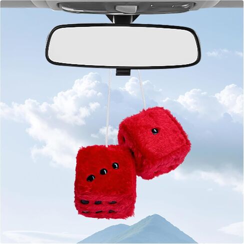 Pair Fuzzy Plush Dice for Car, 3 Inch Retro Square Car Mirror Pendant Hanging Decoration with Dots, Adorable Rearview Mirror Plush Dice Interior Decorative Accessories (Rose Red) in Saudi Arabia
