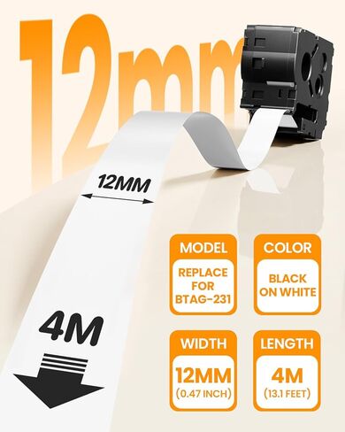 Replacement for Brother Btag Label Tape 12mm 0.47 Inch Btag-231 Btag231 Black on White Label Maker Tape Refills, Compatible with Brother P Touch PT-N10 PT-N20 PT-N25BT Label Makers, 12mm x 4m, 6-Pack in Kuwait