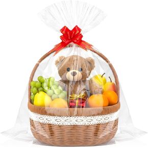 GOMANCHE 10 Pack Large Cellophane Basket Bags, 24 x 30 Inches Easter Cello Basket Wrap with 10 Pieces Pull Bow, Plastic Gift Wrapping for Easter Party Favor Supplies in Saudi Arabia