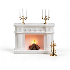 1:12 Scale Miniature Dollhouse Fireplace Set with Animated LED Fire Light, 3-Arm Candelabra & Tools – Realistic Decorative Fireplace for Dollhouse Lovers in Saudi Arabia