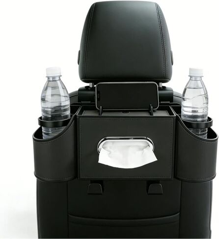 Backseat Car Organizer with Cup Holder & Tissue Box, 4 in 1 Car Seat Storage Organizer with Hooks, Universal Seat Back Cup Holder Phone Tray Ideal for Travel(Cool Black) in Saudi Arabia