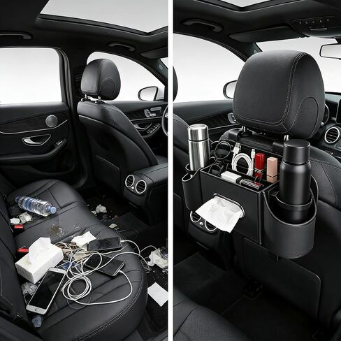 Backseat Car Organizer with Cup Holder & Tissue Box, 4 in 1 Car Seat Storage Organizer with Hooks, Universal Seat Back Cup Holder Phone Tray Ideal for Travel(Cool Black) in Saudi Arabia