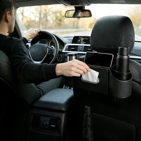 Backseat Car Organizer with Cup Holder & Tissue Box, 4 in 1 Car Seat Storage Organizer with Hooks, Universal Seat Back Cup Holder Phone Tray Ideal for Travel(Cool Black) in Saudi Arabia
