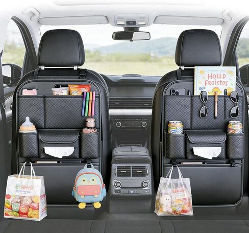 2-Pack Backseat Car Organizers with Hooks - Hanging Car Seat Back Organizers for Toys, Tablets, Books & Tissues - Hanging Car Back of Seat Storage Bags for Kids Toddlers, Black Leather Car Kick Mats in Kuwait