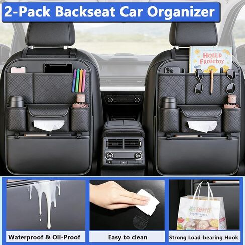 2-Pack Backseat Car Organizers with Hooks - Hanging Car Seat Back Organizers for Toys, Tablets, Books & Tissues - Hanging Car Back of Seat Storage Bags for Kids Toddlers, Black Leather Car Kick Mats in Kuwait