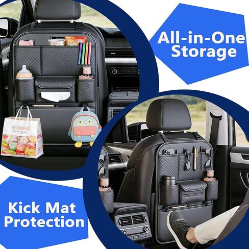 2-Pack Backseat Car Organizers with Hooks - Hanging Car Seat Back Organizers for Toys, Tablets, Books & Tissues - Hanging Car Back of Seat Storage Bags for Kids Toddlers, Black Leather Car Kick Mats in Kuwait