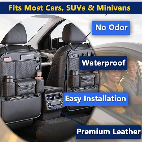 2-Pack Backseat Car Organizers with Hooks - Hanging Car Seat Back Organizers for Toys, Tablets, Books & Tissues - Hanging Car Back of Seat Storage Bags for Kids Toddlers, Black Leather Car Kick Mats in Kuwait