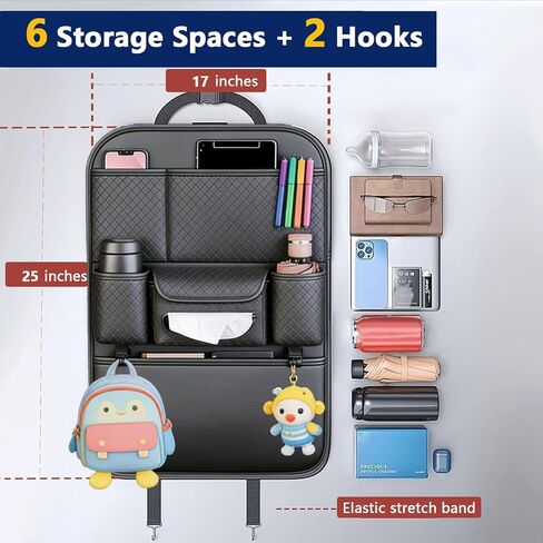 2-Pack Backseat Car Organizers with Hooks - Hanging Car Seat Back Organizers for Toys, Tablets, Books & Tissues - Hanging Car Back of Seat Storage Bags for Kids Toddlers, Black Leather Car Kick Mats in Kuwait
