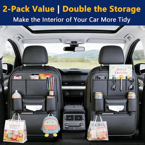 2-Pack Backseat Car Organizers with Hooks - Hanging Car Seat Back Organizers for Toys, Tablets, Books & Tissues - Hanging Car Back of Seat Storage Bags for Kids Toddlers, Black Leather Car Kick Mats in Kuwait