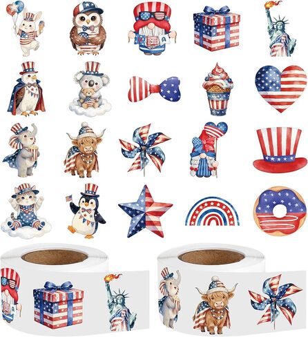 1000 Pcs 4th of July Patriotic Stickers Roll, Watercolor Animal Gnome Star Heart Flag Stickers, Independence Day Labels for Party Favors Scrapbooking Crafts Teacher Rewards in Kuwait