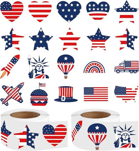 1000 Pcs 4th of July Patriotic Stickers Roll, Watercolor Animal Gnome Star Heart Flag Stickers, Independence Day Labels for Party Favors Scrapbooking Crafts Teacher Rewards in Kuwait
