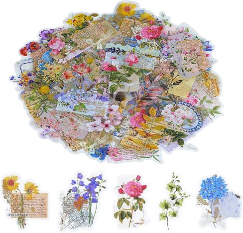 170PCS Scrapbook Stickers Flower Stickers for Scrapbooking Vintage Scrapbook Supplies Junk Journal Supplies Transparent Clear Floral Sticker Bullet Journal Sticker Paper for Adults Kids Women in Saudi Arabia
