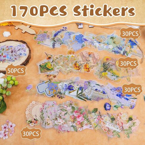 170PCS Scrapbook Stickers Flower Stickers for Scrapbooking Vintage Scrapbook Supplies Junk Journal Supplies Transparent Clear Floral Sticker Bullet Journal Sticker Paper for Adults Kids Women in Saudi Arabia