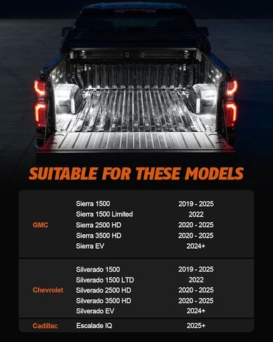 مصباح سرير شاحنة LED متوافق مع 2019-2025 GMC Sierra/Chevrolet Silverado1500 2500HD 3500HD، لـ 2024-2025 Sierra EV White LED Bed Cargo Area Lighting Lamp Accessories OEM استبدال 84396982 in Kuwait