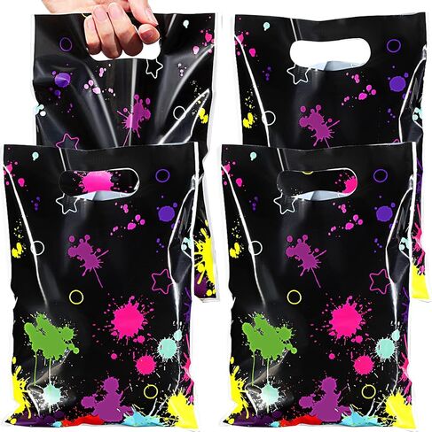 Pajean 50 Pcs Neon Candy Goodie Bags Let's Glow in The Dark Party Supplies Plastic Colorful Treat Bags Neon Gift Wrap Decor with Die Cut Handles for Glow Birthday Party Decoration(Black) in Kuwait