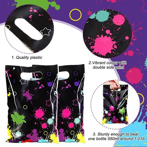 Pajean 50 Pcs Neon Candy Goodie Bags Let's Glow in The Dark Party Supplies Plastic Colorful Treat Bags Neon Gift Wrap Decor with Die Cut Handles for Glow Birthday Party Decoration(Black) in Kuwait