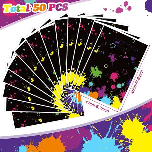 Pajean 50 Pcs Neon Candy Goodie Bags Let's Glow in The Dark Party Supplies Plastic Colorful Treat Bags Neon Gift Wrap Decor with Die Cut Handles for Glow Birthday Party Decoration(Black) in Kuwait