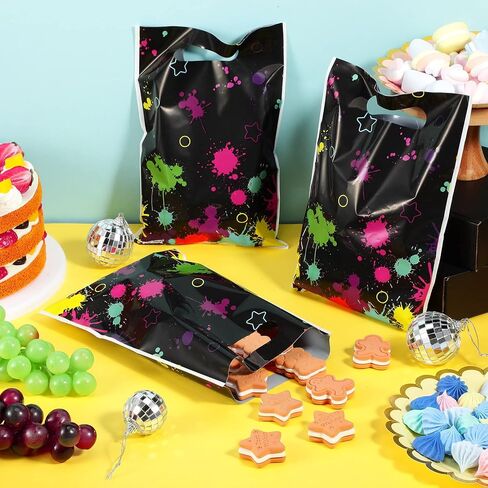Pajean 50 Pcs Neon Candy Goodie Bags Let's Glow in The Dark Party Supplies Plastic Colorful Treat Bags Neon Gift Wrap Decor with Die Cut Handles for Glow Birthday Party Decoration(Black) in Kuwait