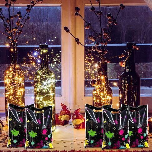Pajean 50 Pcs Neon Candy Goodie Bags Let's Glow in The Dark Party Supplies Plastic Colorful Treat Bags Neon Gift Wrap Decor with Die Cut Handles for Glow Birthday Party Decoration(Black) in Kuwait
