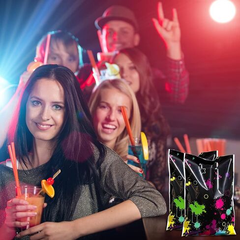 Pajean 50 Pcs Neon Candy Goodie Bags Let's Glow in The Dark Party Supplies Plastic Colorful Treat Bags Neon Gift Wrap Decor with Die Cut Handles for Glow Birthday Party Decoration(Black) in Kuwait