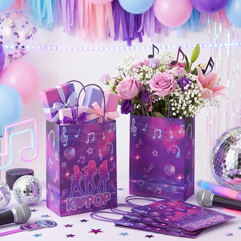 FunooFuno 24 قطعة من أكياس هدايا حفلات Kpop الأرجوانية مع مقابض Kpop Goodie Candy Party Favors أكياس كبيرة من ورق الكرافت K Pop Music وحفلات أعياد الميلاد وحفلات الديسكو ومستلزمات التخرج in Kuwait