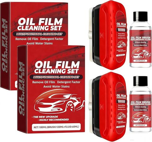 2 Pack Automotive Oil Film Cleaning Brush,Glass Oil Film Remover for Car Windshield,Clear View Glass Cleaner with Rain and Fog Resistant Coating (Red,Includes 1 Refill Bottle) in Kuwait